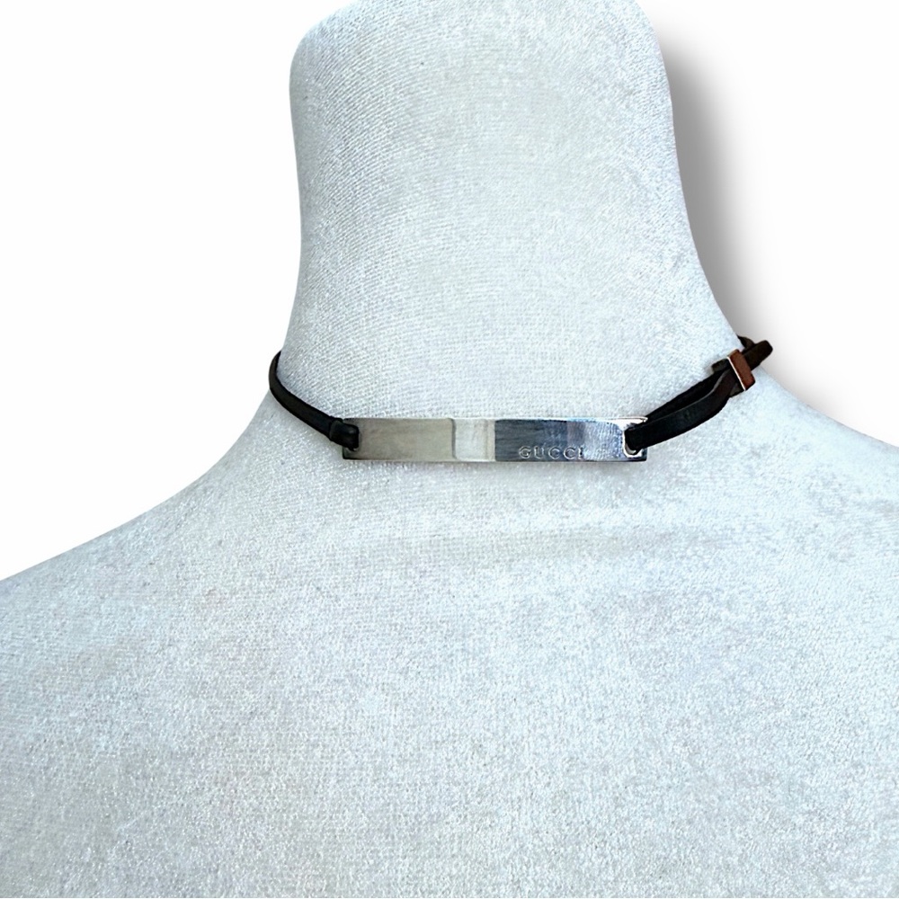 Authentic Y2K Gucci Sterling & Leather Silver Logo Bar Choker Wrap Bracelet - Picture 9 of 12